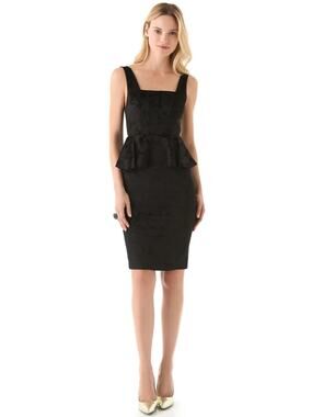 NEW Alice + Olivia Yodi Square Neck Brocade Black Peplum Dress Women's Size 8